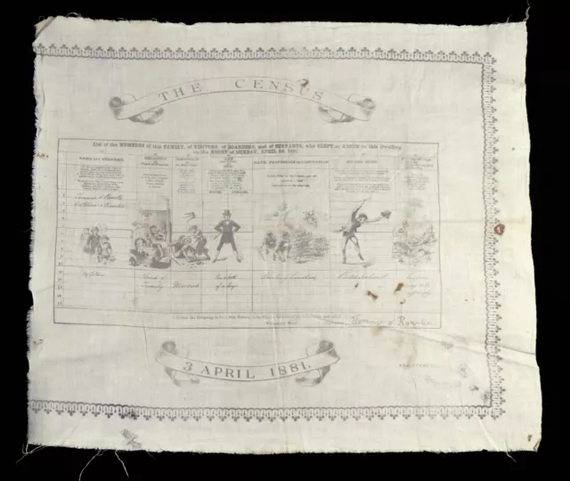 Antique Census Handkerchief 1881 Satirical Illustrations