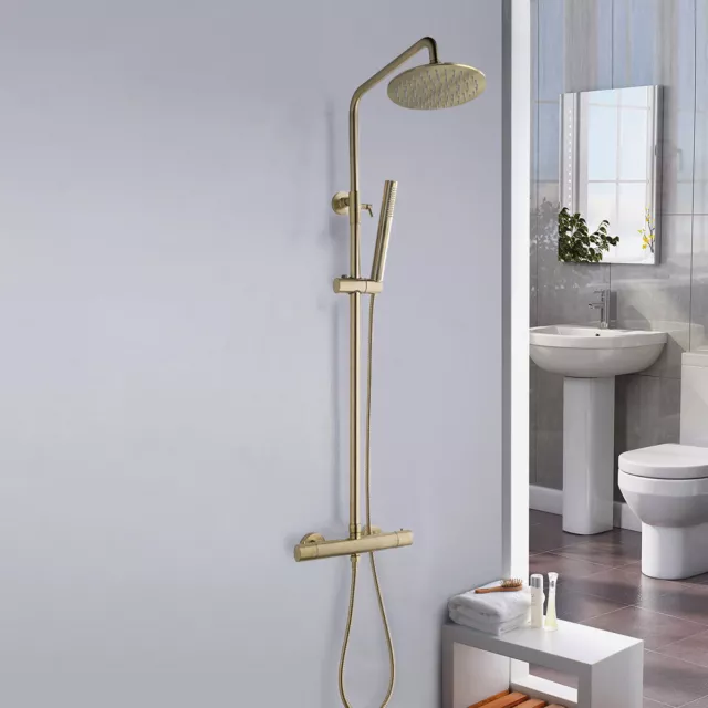 Nes Home Modern Brushed Brass Cool Touch Thermostatic Riser Rail Shower Set