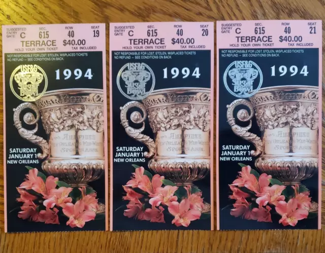 1994 Sugar Bowl Florida Gators vs. West Virginia Mountaineers Three Used Tickets