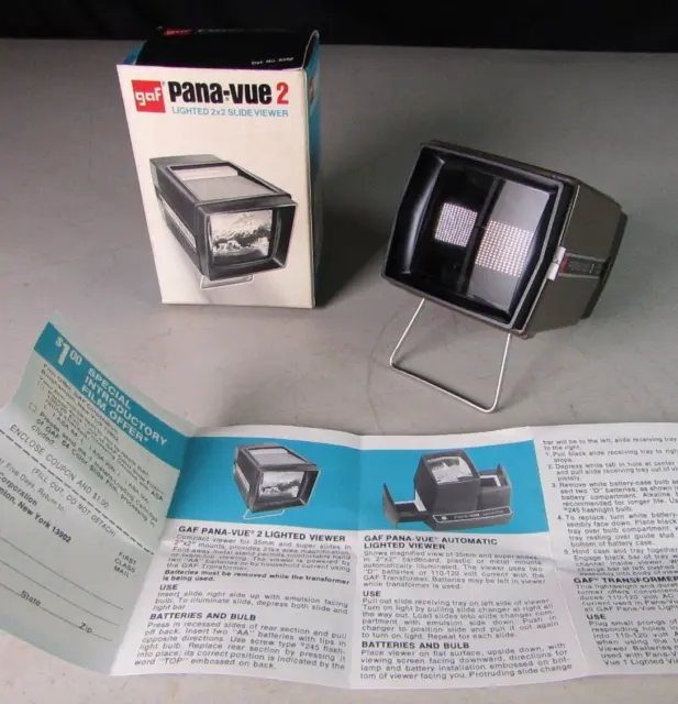 GAF Pana-Vue 2 Lighted 2 x 2 Slide Viewer - Vintage 35mm With Box & Instructions