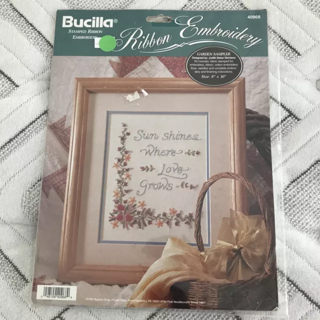 Kit de bordado de cinta de seda Bucilla ""Muestreador de jardín"" 40968 vintage 1994 nuevo en paquete