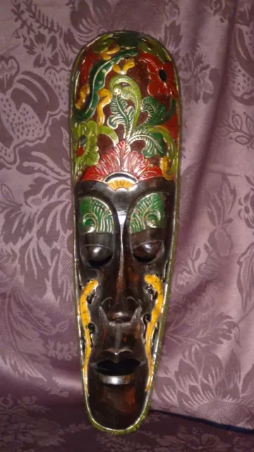 Antique Asian Wood Carved Hand Painted Ceremonial Mask With A Flowers &Lizards