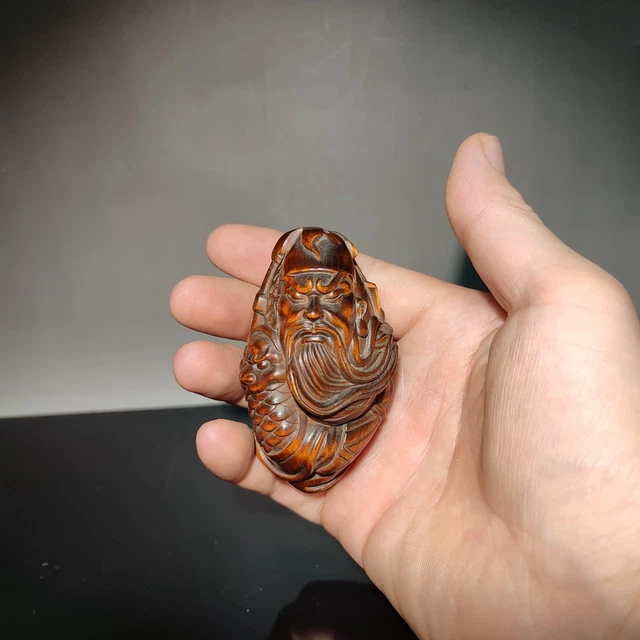 Vintage Folk Art Wood Carving Guan Yu Wooden Fiqures Ornament Handle Piece Xmas