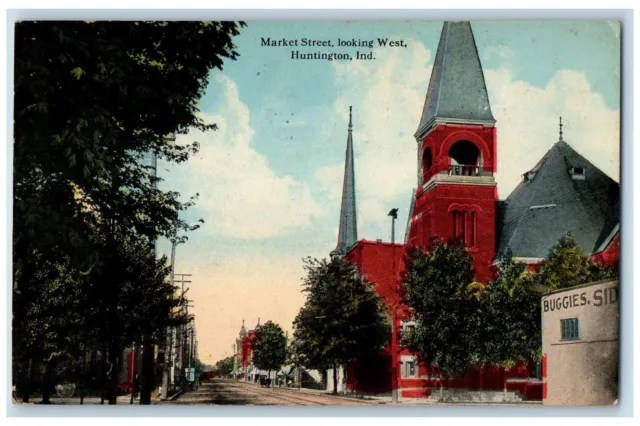 1914 Market Street Looking West Huntington Indiana IN Posted Church  Postcard