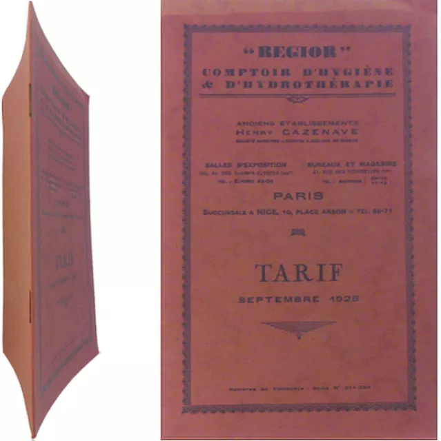 Tarif Regior 1928 comptoir hygiène hydrothérapie baignoire lavabo bidet urinoir