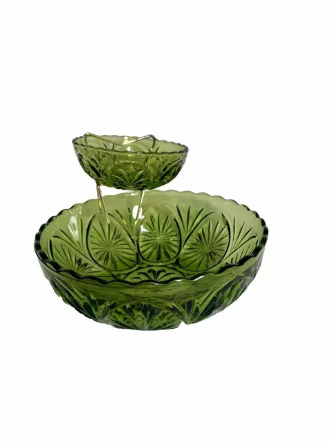 Vintage  MCM Anchor Hocking 3-Piece Chip & Dip Set Avocado Green Medallion