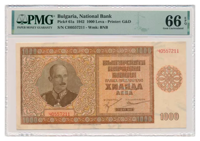 BULGARIA banknote 1000 Leva 1942 PMG grade MS 66 EPQ Gem Uncirculated