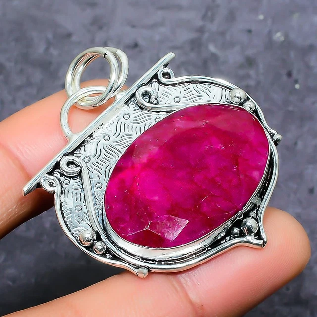 Kashmir Red Ruby Gemstone 925 Sterling Silver Jewelry Pendant 1.77" B601