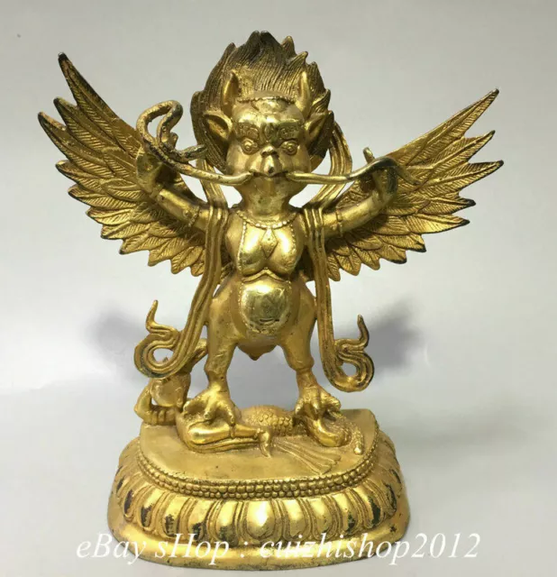 6" Old Tibet Buddhism Bronze Gilt Redpoll Winged Garuda Bird Eagle Buddha Statue