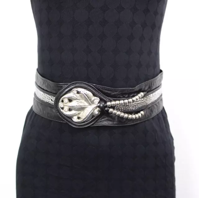 Vintage 80s 90s Black Leather Snake Print Wide Belt Rhinestone Biker Women's S