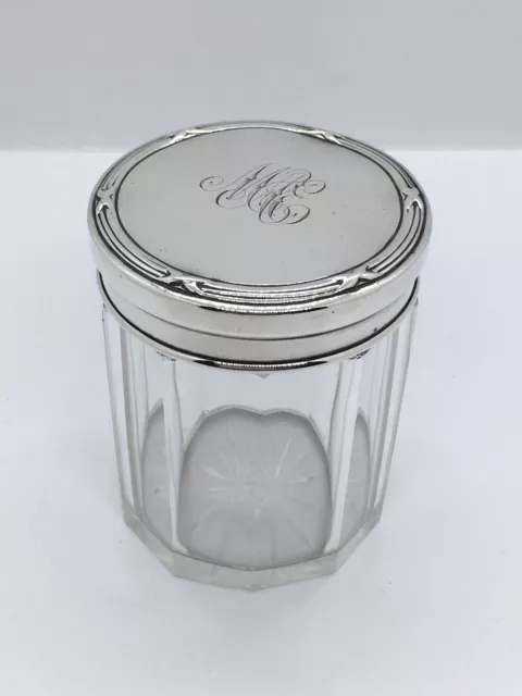 Antique Solid Sterling Silver Topped Reeded Glass Dressing Table Jar / Pot