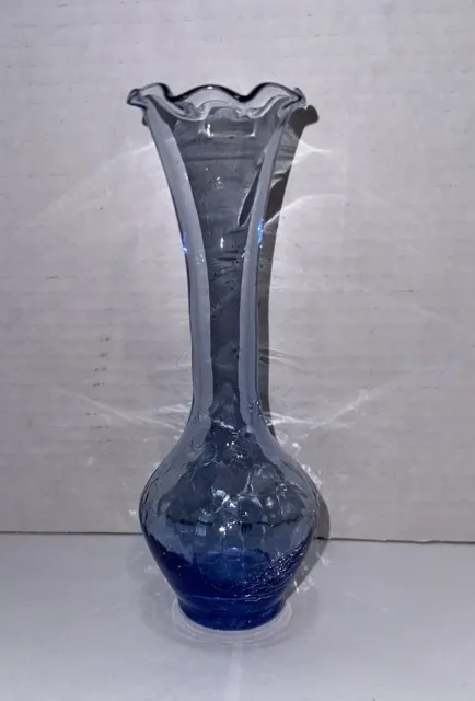 Vintage Light Saturn Blue Hand Blown Crackle Glass Ruffle Stem Bud Vase 6 7/8”