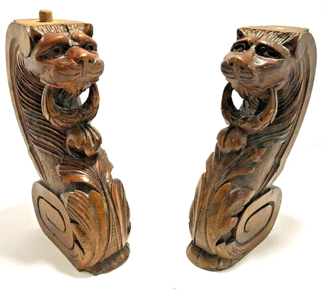 Antique Circa Early 1900's Hand Carved Oak Architectural Gothic Cats (Lot of 2)