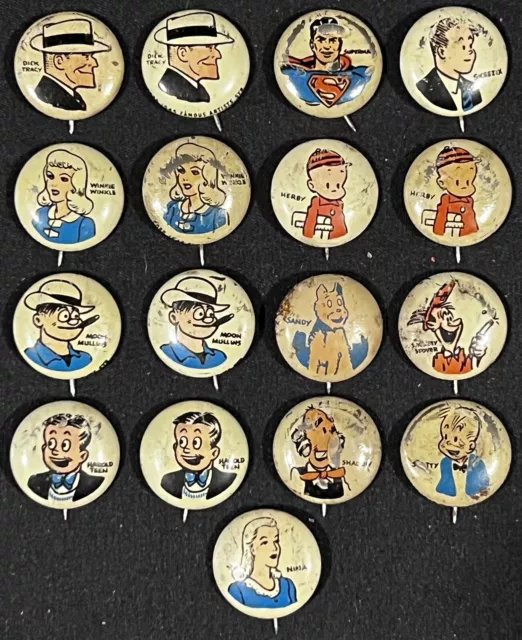 1940's (17) KELLOGGS PEP Pins 12 Unique 5 Duplicates Dick Tracy Superman Comics