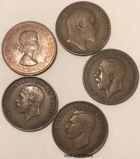 1895-1967 United Kingdom British Large Penny 5-Coin Lot Cents AG Or Better