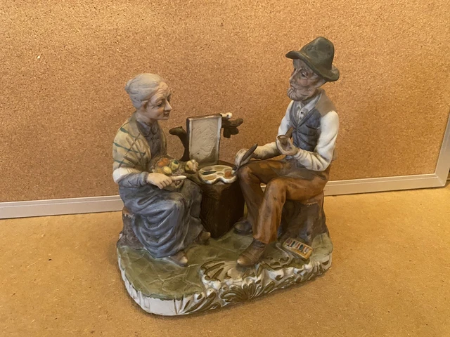 Large Vintage Bisque Porcelain Figurine, Painted Old Couple Man Painting Wife