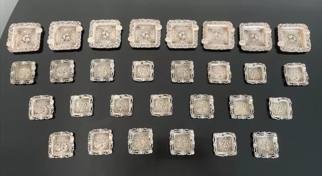 900 Sterling Silver Egypt Embossed People Flowers  Set of (29) Ashtrays 990g