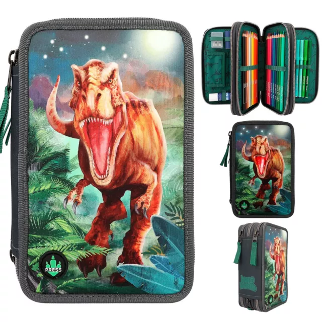 Dino World Federmappe T -Rex  Federtasche 3 Fach Schüleretui Dinosaurier mit LED