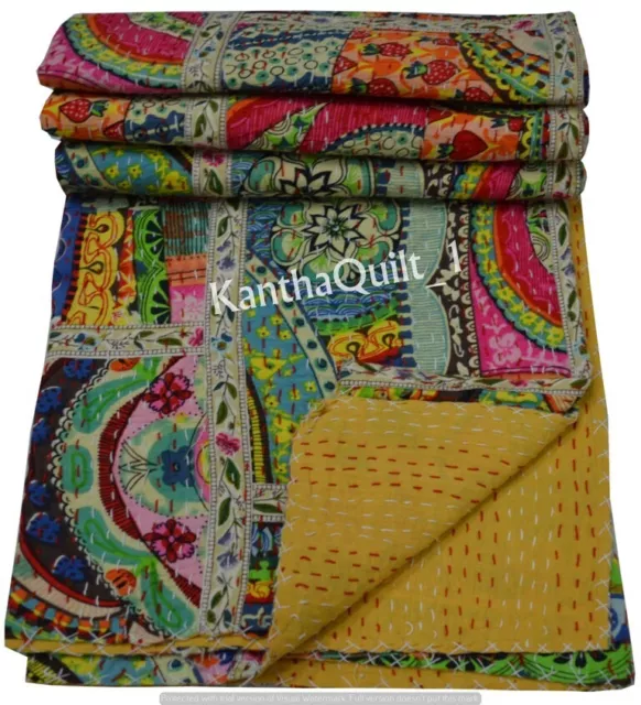 Indian Handmade Quilt Beautiful Patchwork Kantha Bedspread Throw Cotton Blanket