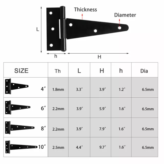 Heavy Duty T-Strap Shed Hinge Gate Strap Door Barn Gates Iron Hinge 4" 6" 8" 10" 2