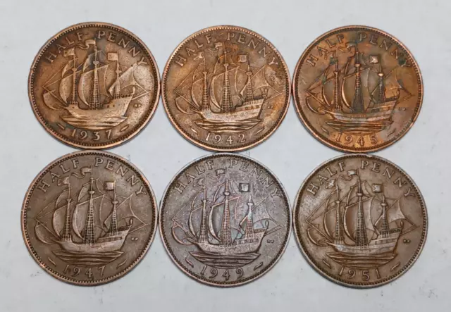 Lot of 6x Great Britain 1/2 Penny Coins - 1937-1951 - Bronze Half Pennies - KGVI