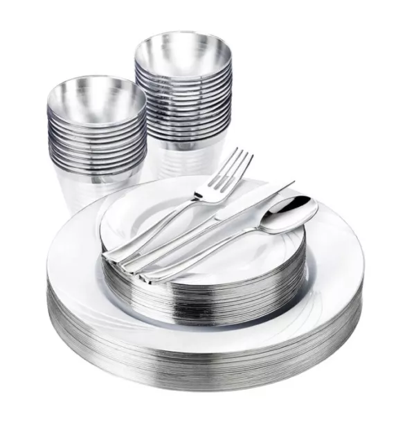 Premium 150Pcs Silver Disposable Dinnerware Party Set Plates, Silverware, & Cups