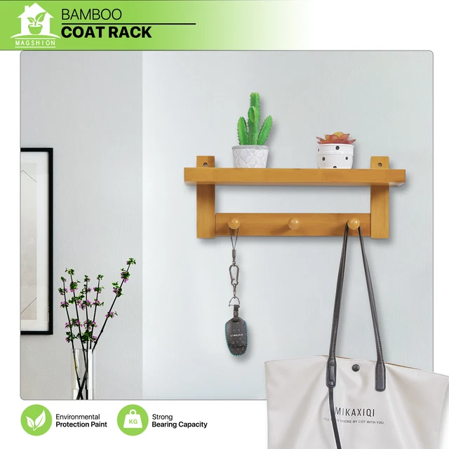 18"Natural Bamboo Wall Mounted[MAIL HOLDER]Hallway Shelf 3-Hook Coat Rack Hanger