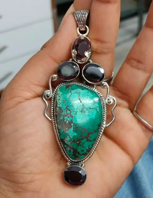 HUGE Tibetan Turquoise Pendant 925 Silver Smoky Quartz Onyx Statement Jewelry