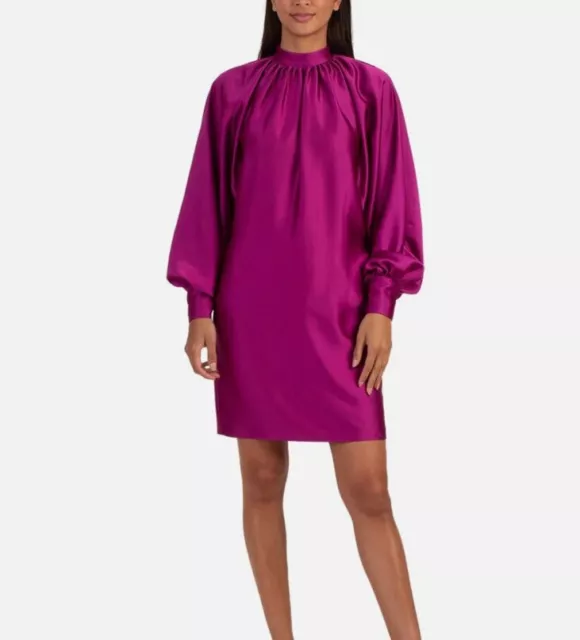 NWT $298 Trina Turk Terrestrial Dress Women's XS Fuchsia Pink Mini LS High Neck