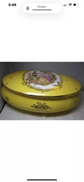 Yellow Limoges porcelaine large 9/34 tureen , lid with French serenade scene