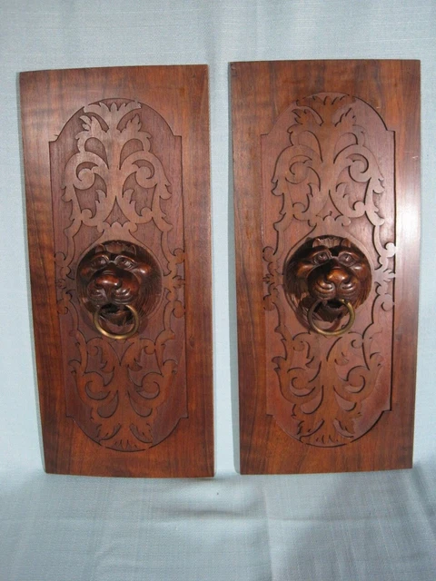 Antique Pair Of Carved Walnut Cabinet Door Panels Gothic Lion Heads French?