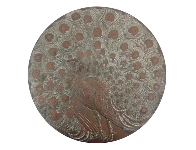 Antique 1930s Copper Peacock w/ Asian Dragons Round Metal Box from Japan