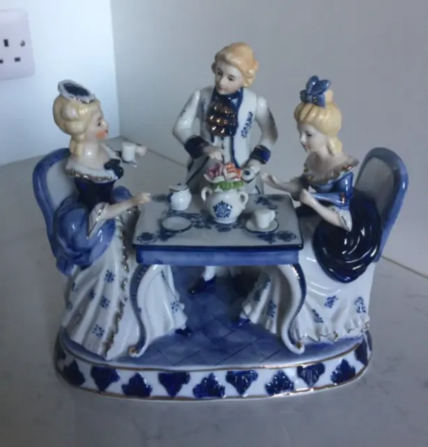 Victorian Aristocrats Drinking Tea, Porcelain Figurine White, Blue and Gold VGC 3