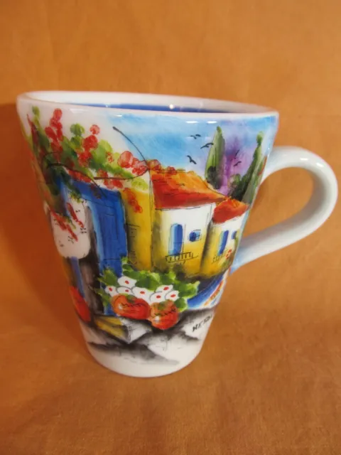 Ceramic Tea Coffee Cup 9oz Mug Handmade in Greece Signed Village House Scene