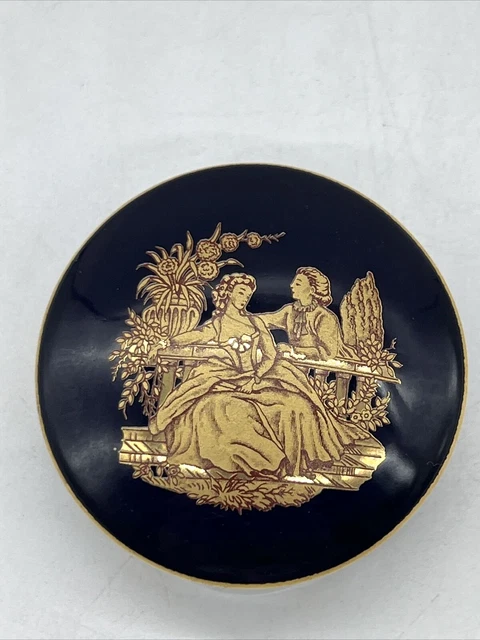 Vintage Limoges Castel 22k Gold & Cobalt Round Trinket Box