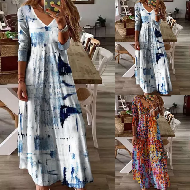 Women Printed Maxi Dress Ladies Long Sleeve Baggy Kaftan T Shirt Dress Plus Size