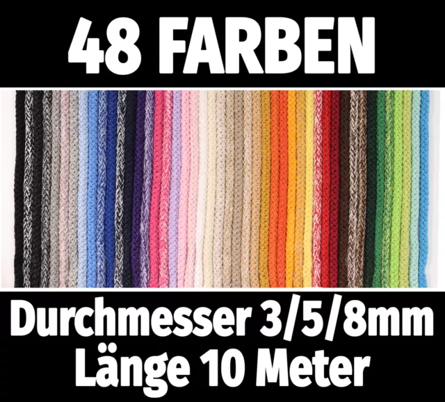 10M Baumwollkordel Ø 3/5mm €0,60/m 8mm €0,70/m Kordel Baumwolle Schnur·48 Farben