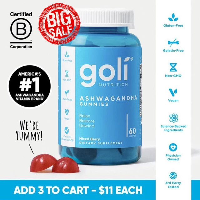 Goli Ashwagandha Gummies – Pack Of 2 Bottles, 60 Gummies Each, Mixed Berry Flavor, Supports Wellness
