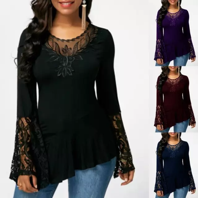 Womens Lace Long Sleeve Tunic Tops T-Shirt Ladies Casual Loose Blouse Pullover 3