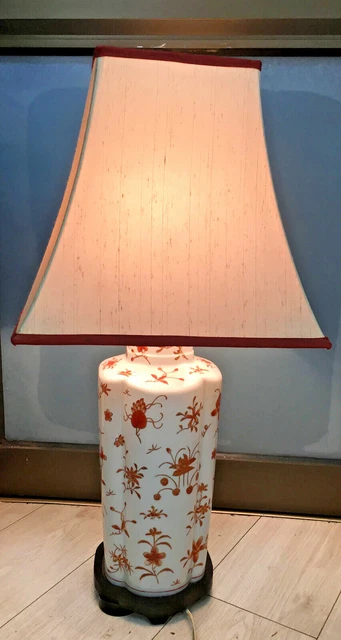 Mid Century Chinese Porcelain Scalloped Floral Coral  Mantel Vase Urn Lamp