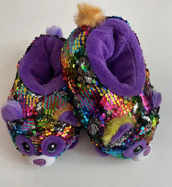 Build-A-Bear Slippers Size M (13/1) Purple Sequins Fluffy Plush Kids Panda Face