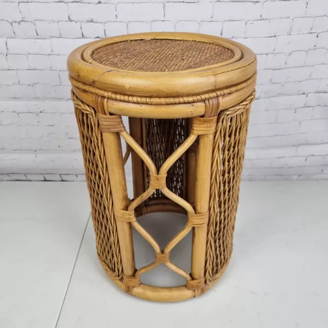 Vintage Bamboo Rattan Tiki Boho Round Side Table Plant Stand Cane Mid Century