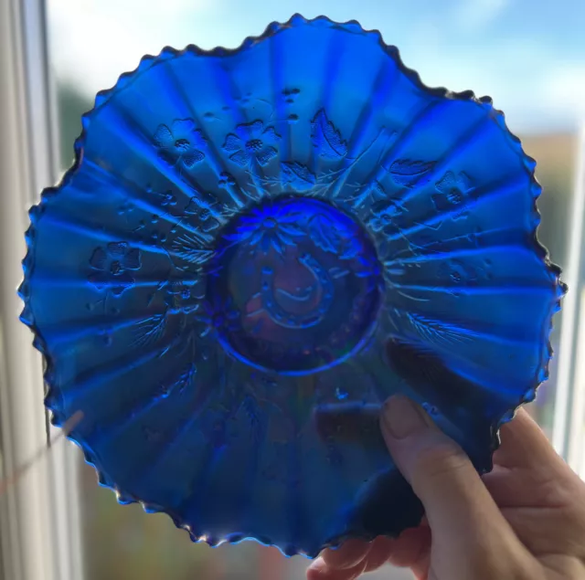 Beautiful irridescent Blue Carnival Glass Bowl  Northwood Good Luck