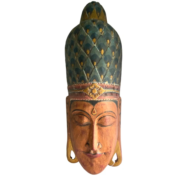 Peacock Buddha Mask Vintage style Balinese Carved wood wall Bali Art sculpture