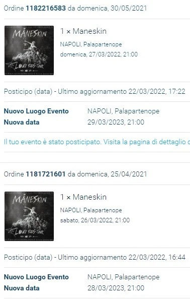 Maneskin Napoli 2 Biglietti (28 e 29 Marzo)