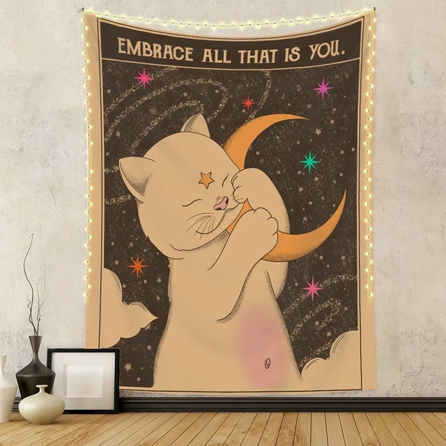 Wall Hanging Sun Moon Tarot Boho Cat Kawaii Room Decor Psychedelic Hippie Room B