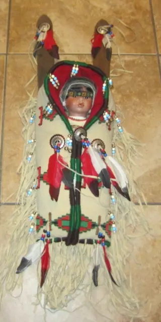 Native American Indian Porcelain Baby Doll Beads Feathers Papoose Cradle Board
