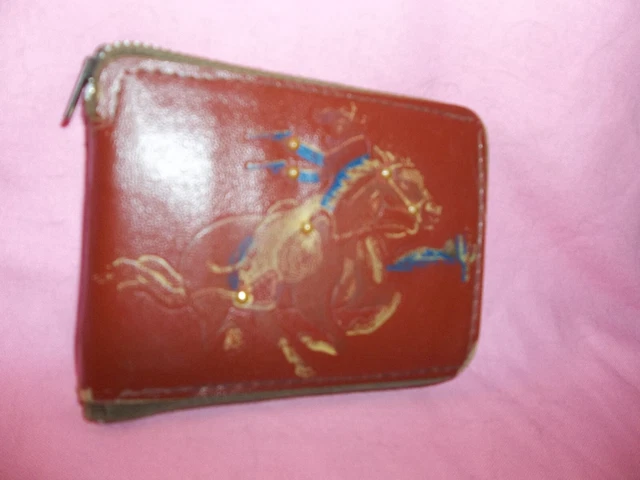 Vintage young boys leather zip-up billfold--cowboy/horse on front, snap pockets