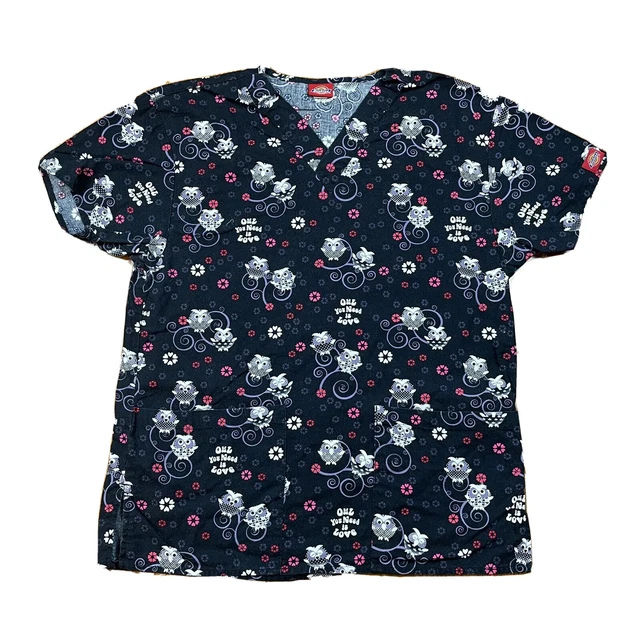 Dickies Scrubs Top Womens XS Small Owl You Need Is Love Black Medical Clothing