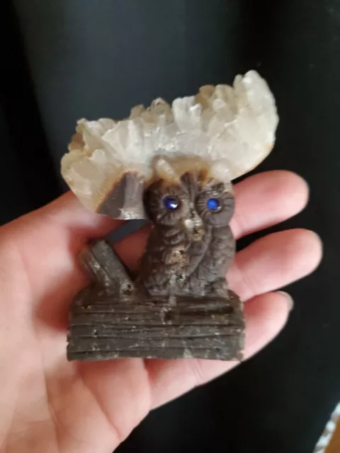 Carved Quartz Crystal Cluster Owl Rock Specimen